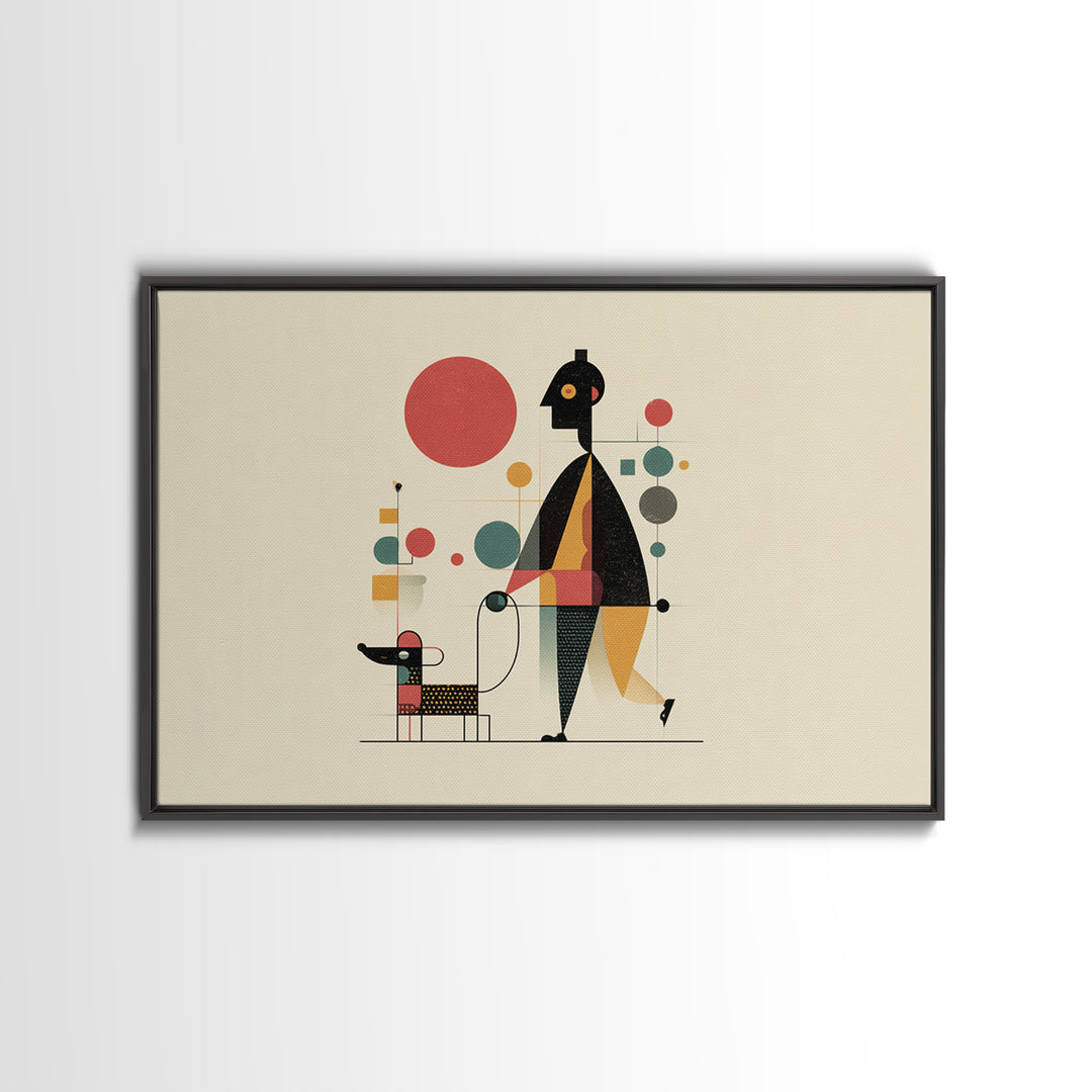 Whimsical Abstract Figure With Dog Canvas Print, Midcentury Modern Wall Art, Atomic Circles, Retro MCM Nursery Office Decor
