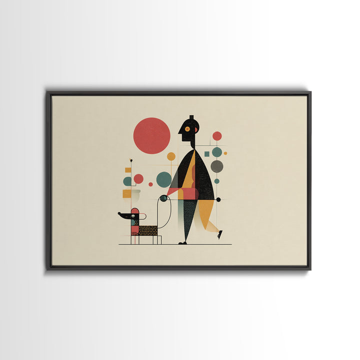 Whimsical Abstract Figure With Dog Canvas Print, Midcentury Modern Wall Art, Atomic Circles, Retro MCM Nursery Office Decor