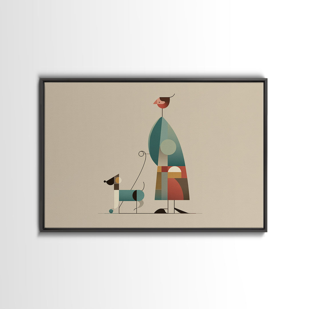 Minimalist Woman Walking Dog Canvas Print, Midcentury Modern Art, Scandinavian Retro Decor, Neutral Beige Gallery Wall Art