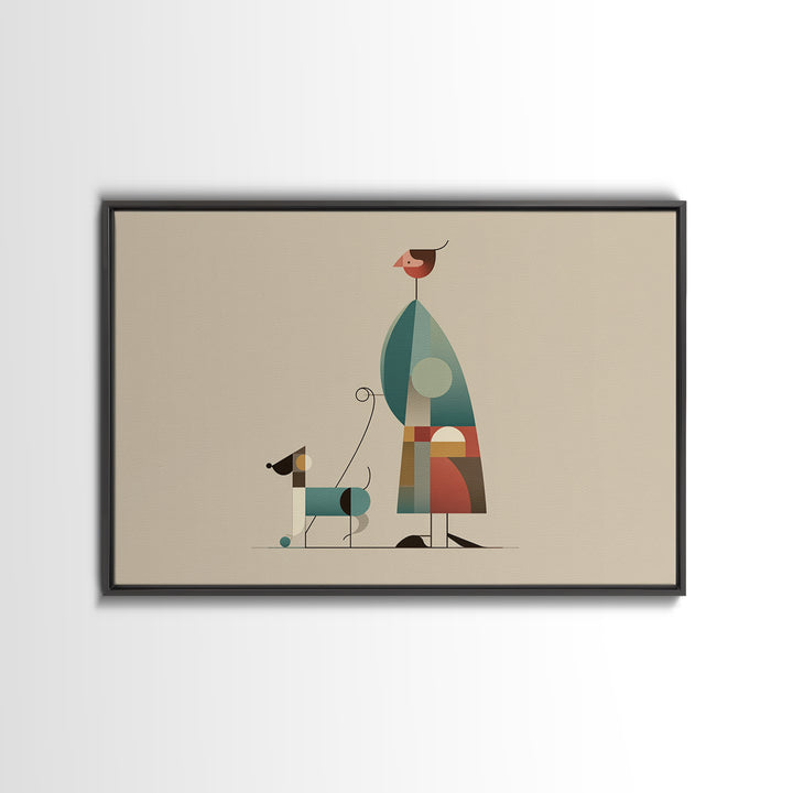 Minimalist Woman Walking Dog Canvas Print, Midcentury Modern Art, Scandinavian Retro Decor, Neutral Beige Gallery Wall Art