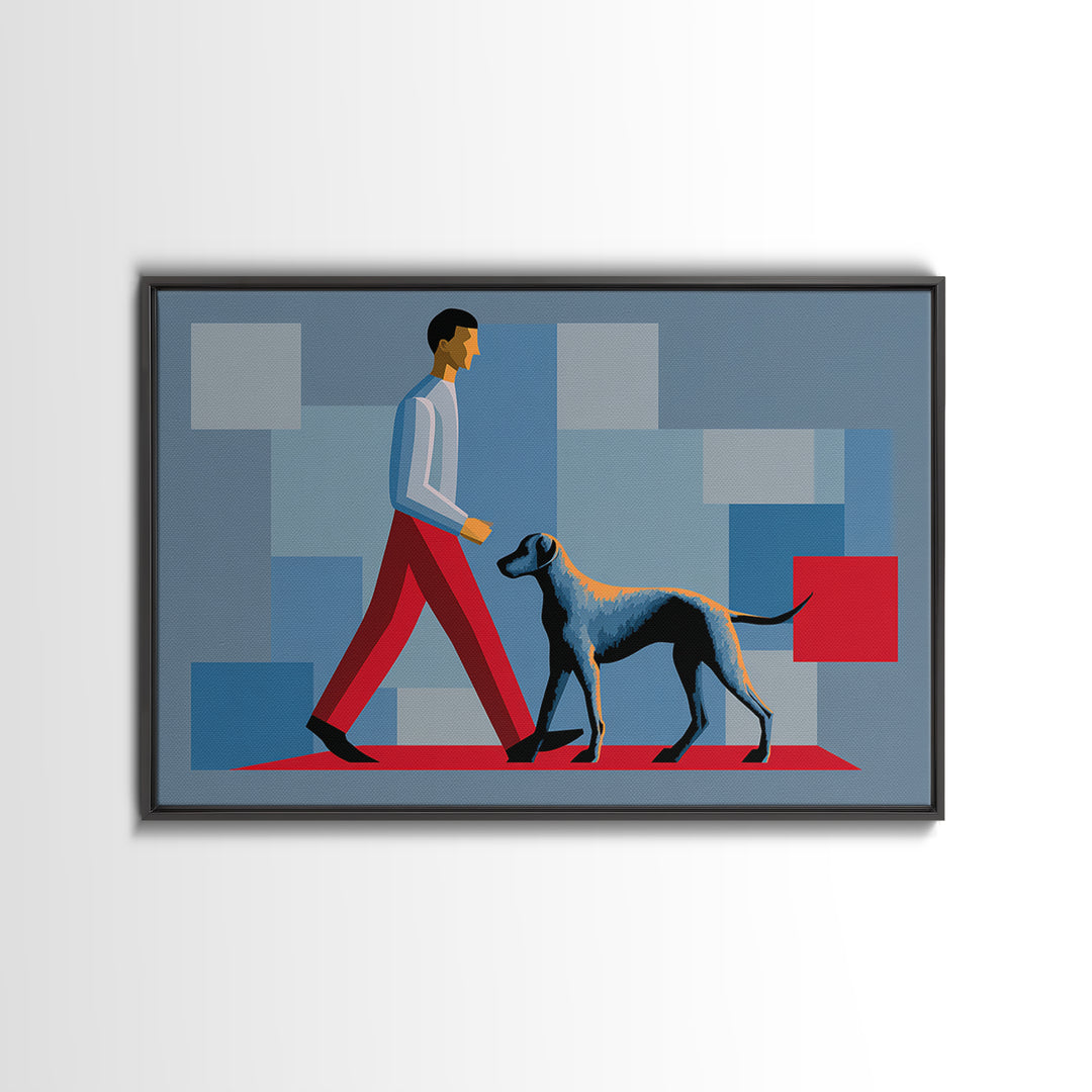 Stylish Man Walking Grey Dog Wall Art, Midcentury Modern Canvas Print, Blue Red Geometric Decor, Masculine Office Artwork