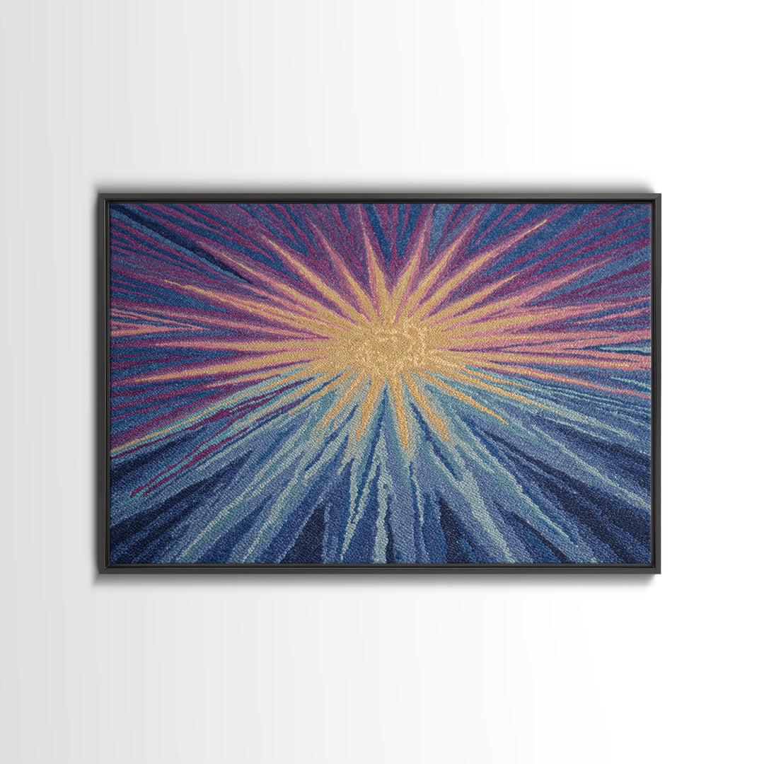 Blue Purple And Gold Radiant Sunburst Framed Canvas Print, Midcentury Modern Abstract Art, Textured Statement Wall Decor