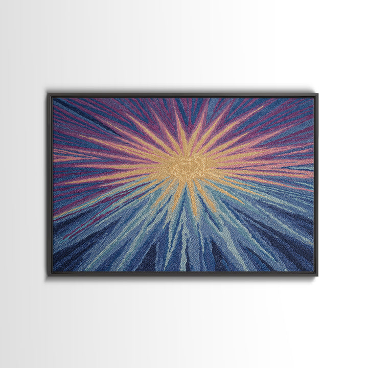 Blue Purple And Gold Radiant Sunburst Framed Canvas Print, Midcentury Modern Abstract Art, Textured Statement Wall Decor