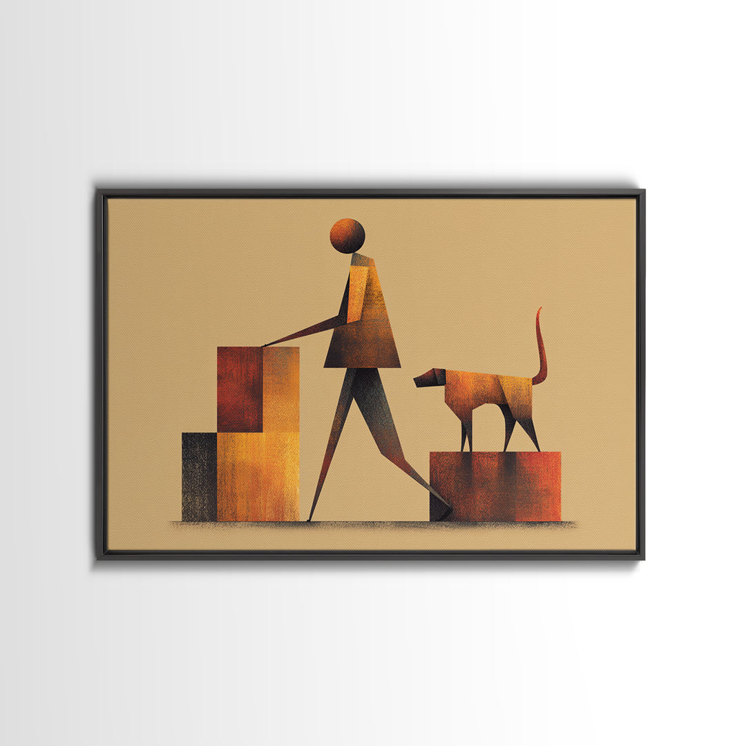 Stylized Figure With Dog On Steps Canvas Print, Midcentury Modern Wall Art, Warm Orange Brown Geometric Home Office Decor