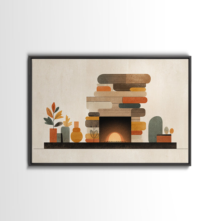 Cozy Midcentury Fireplace Wall Art, Warm Geometric Hearth Canvas Print, Retro MCM Home Decor For Living Room And Office Decor