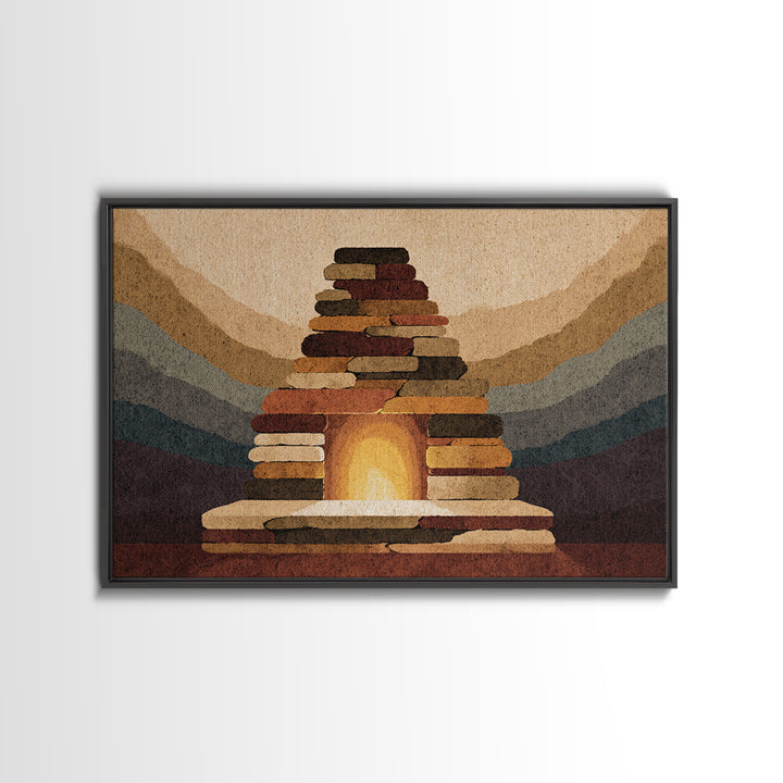 Rustic Stone Fireplace Wall Art, Mountain Lodge Midcentury Canvas Print, Warm Cabin Decor For Living Room Or Office Gallery