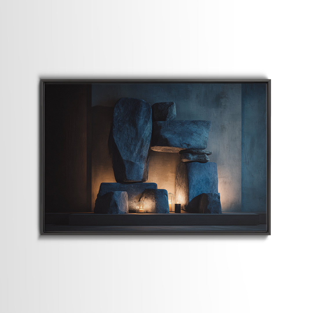 Blue Megalith Stone Sculpture Wall Art, Dramatic Modern Framed Canvas Print, Moody Minimalist Decor For Home Office Or Den
