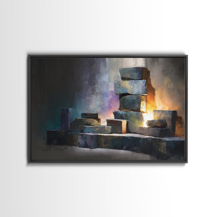 Stacked Stone Blocks Wall Art, Glowing Abstract Sculpture Canvas Print, Modern Contemporary Decor For Living Room Office