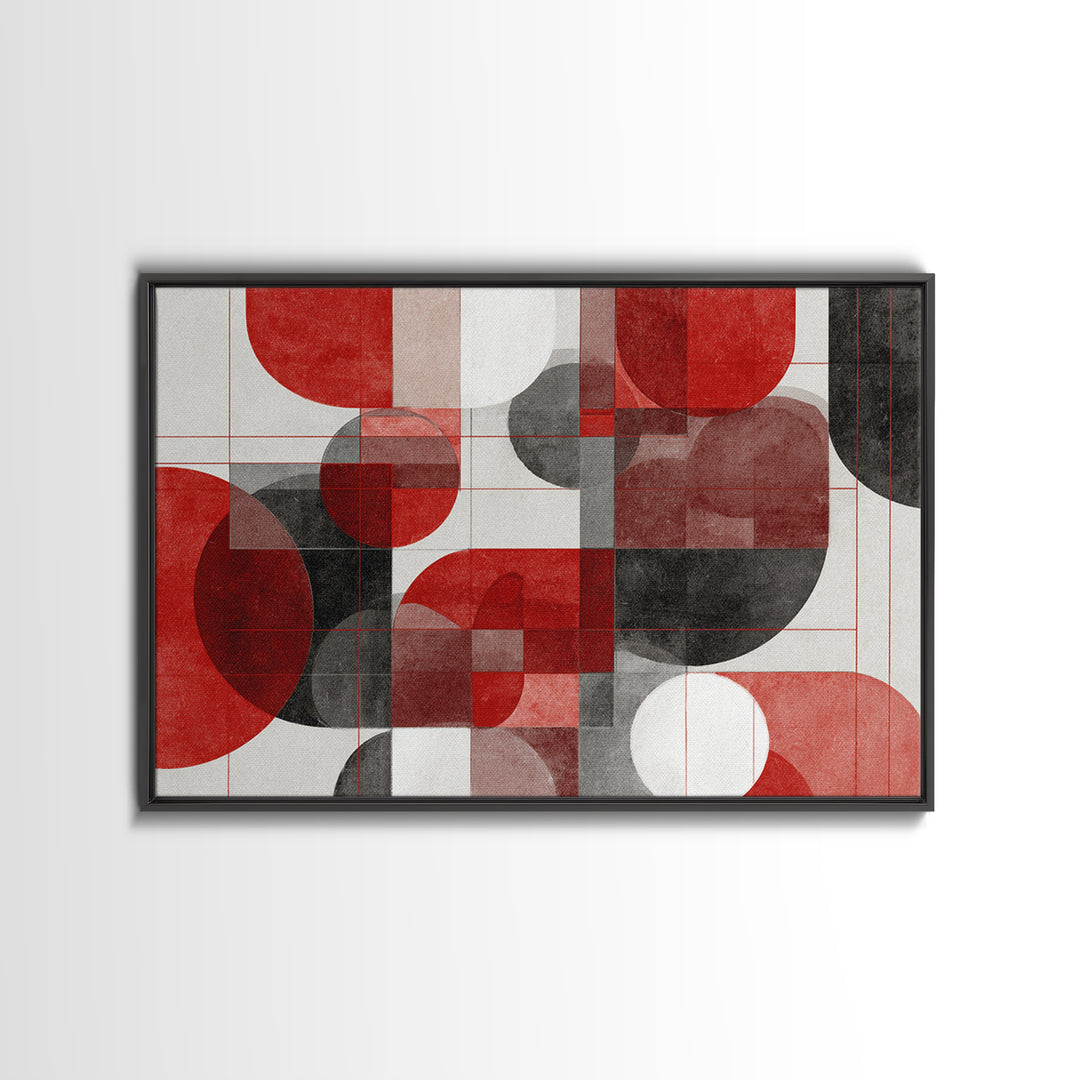 Red Black Geometric Circles Wall Art, Bauhaus Inspired Abstract Canvas Print, Modern MCM Decor For Living Room Office Gallery