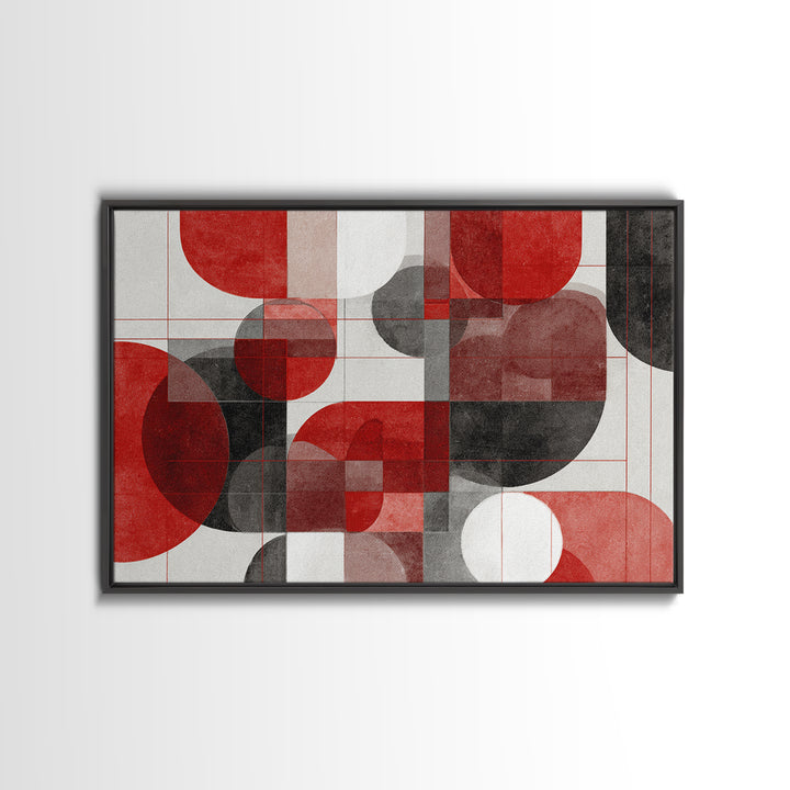 Red Black Geometric Circles Wall Art, Bauhaus Inspired Abstract Canvas Print, Modern MCM Decor For Living Room Office Gallery