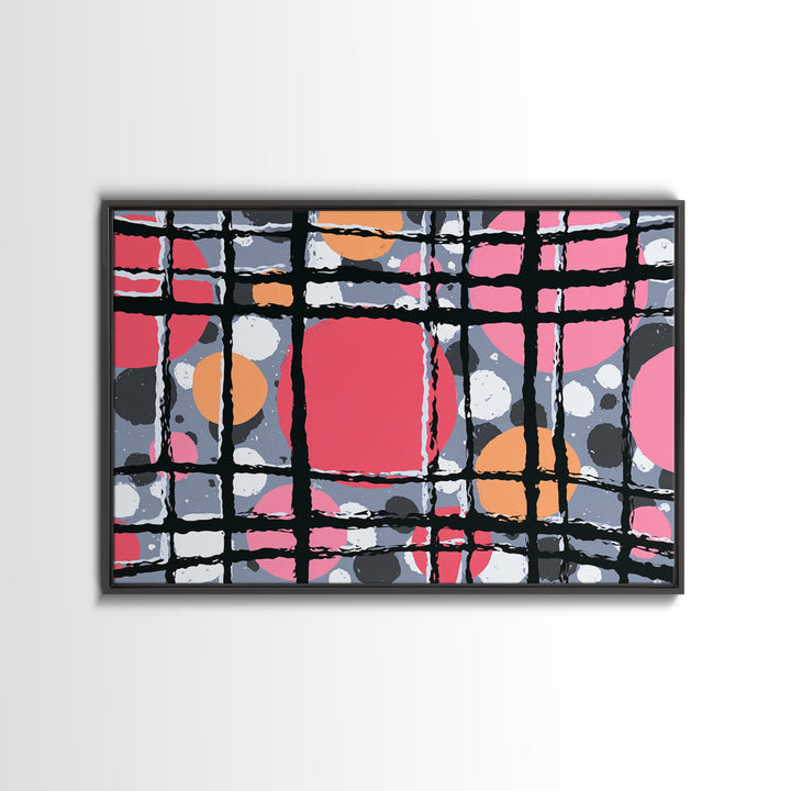 Pink Orange Wavy Grid Wall Art, Playful Abstract Circles Canvas Print, Retro Modern Geometric Decor For Dorm Office Or Studio