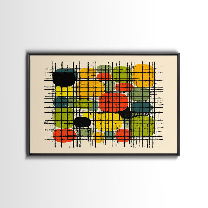 Colorful Grid Abstract Painting, Midcentury Modern Wall Art, Geometric Shapes Poster, Retro MCM Home Decor Canvas Print Gift