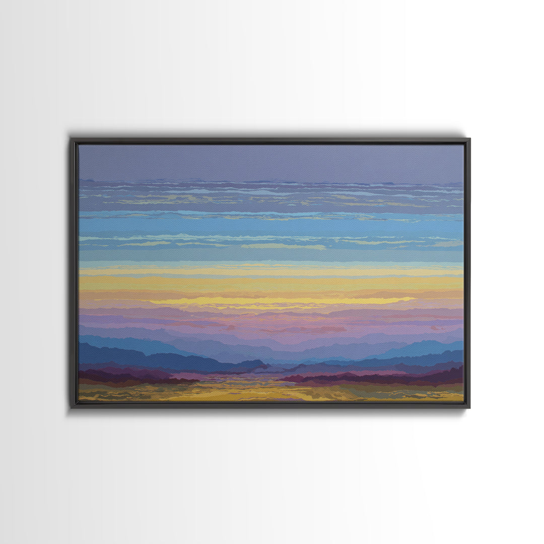 Pastel Mountain Sunset Landscape, Modern Wall Art, Scenic Nature Art Print, Serene Living Room Decor Framed Canvas Print