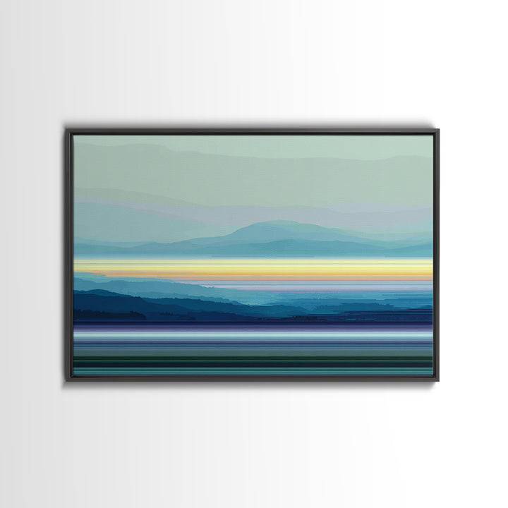 Misty Blue Mountain Lake Horizon, Modern Wall Art, Serene Landscape Art Print, Calm Bedroom Decor Framed Canvas Print Gift