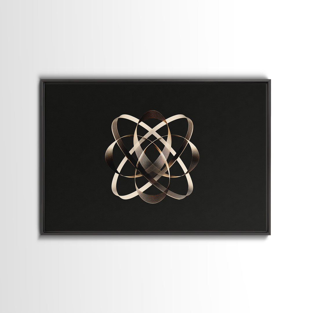 Gold Metallic Atomic Orbit On Black, Modern Wall Art, Geometric Abstract Poster, Luxe Contemporary Decor Canvas Print Gift