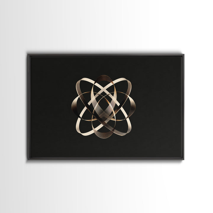 Gold Metallic Atomic Orbit On Black, Modern Wall Art, Geometric Abstract Poster, Luxe Contemporary Decor Canvas Print Gift