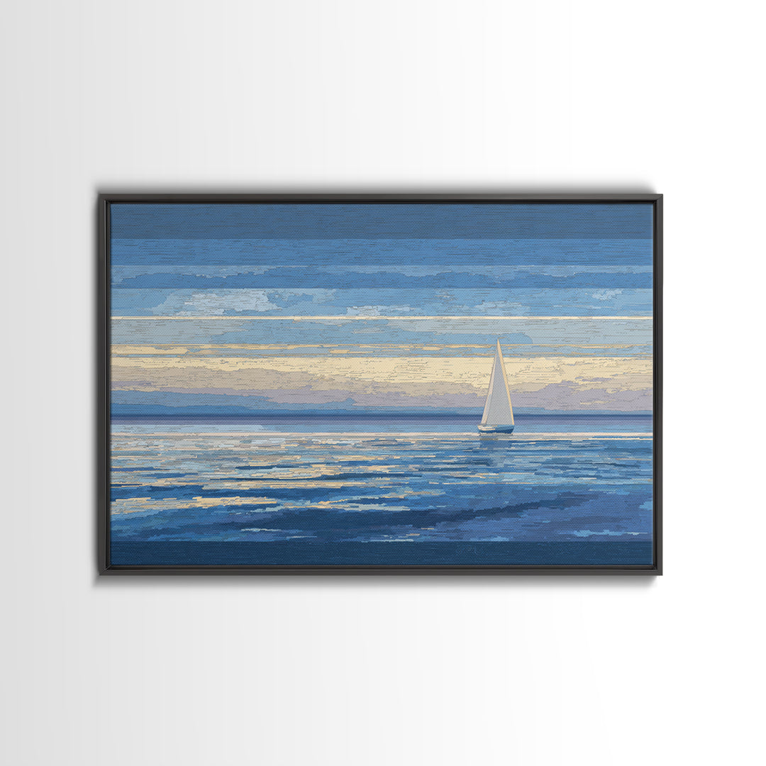 Blue Sailboat Seascape Framed Canvas Print, Coastal Wall Art, Ocean Landscape, Modern Home Decor For Living Room, Blue Wall Art