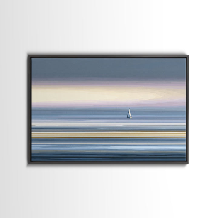 Minimal Sailboat At Dusk Canvas Print, Serene Coastal Wall Art, Pastel Ocean Horizon, Modern Bedroom Decor, Large Print Gift
