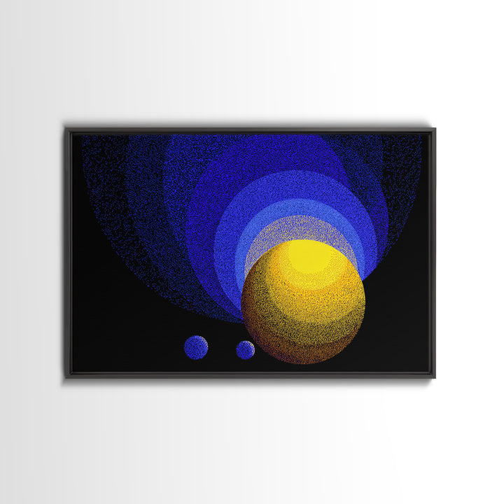 Blue Yellow Planet Spheres Wall Art, Cosmic Abstract Canvas Print, Modern Digital Art, Space Decor For Office Or Game Room