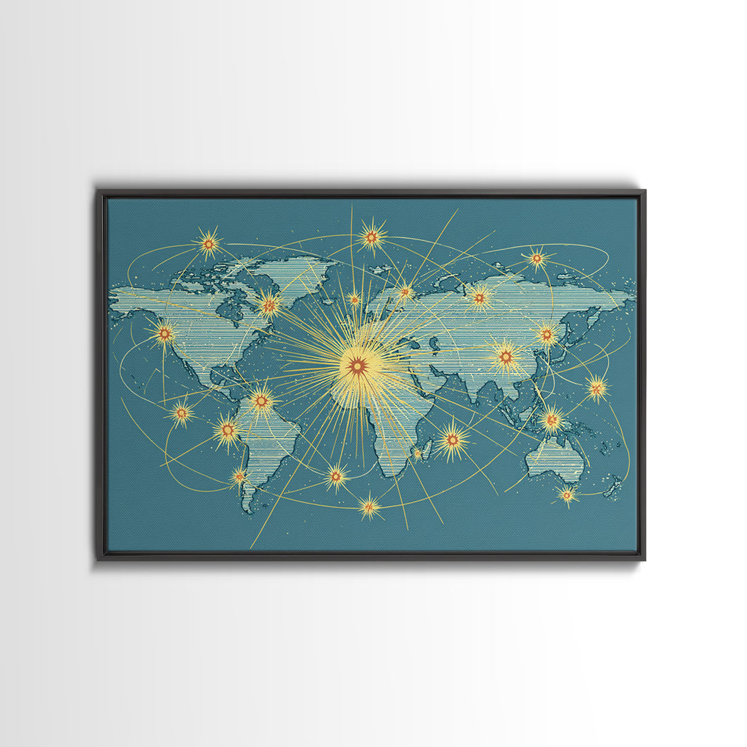Retro World Map With Golden Network Lines Wall Art, Midcentury Modern Travel Poster, Atomic Office Decor For Global Home