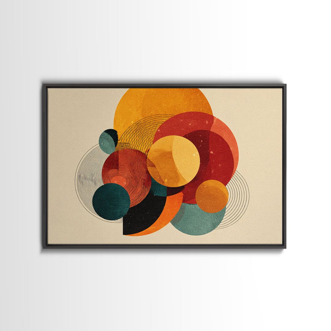 Orange Teal Circle Abstract Canvas Print, Midcentury Modern Wall Art, Bauhaus Geometric Poster, Warm Retro Home Decor Gift