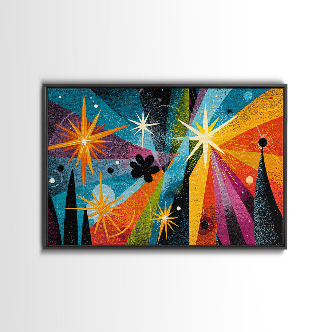 Colorful Atomic Starburst Night Wall Art, Midcentury Modern Art Print, Retro Space Abstract, Funky MCM Living Room Wall Decor