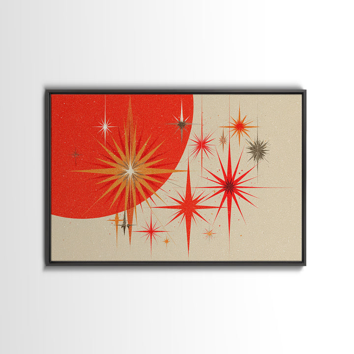 Red Orange Starbursts And Circle Wall Art, Midcentury Modern Abstract Art Print, Atomic Retro Poster, Minimal Home Decor