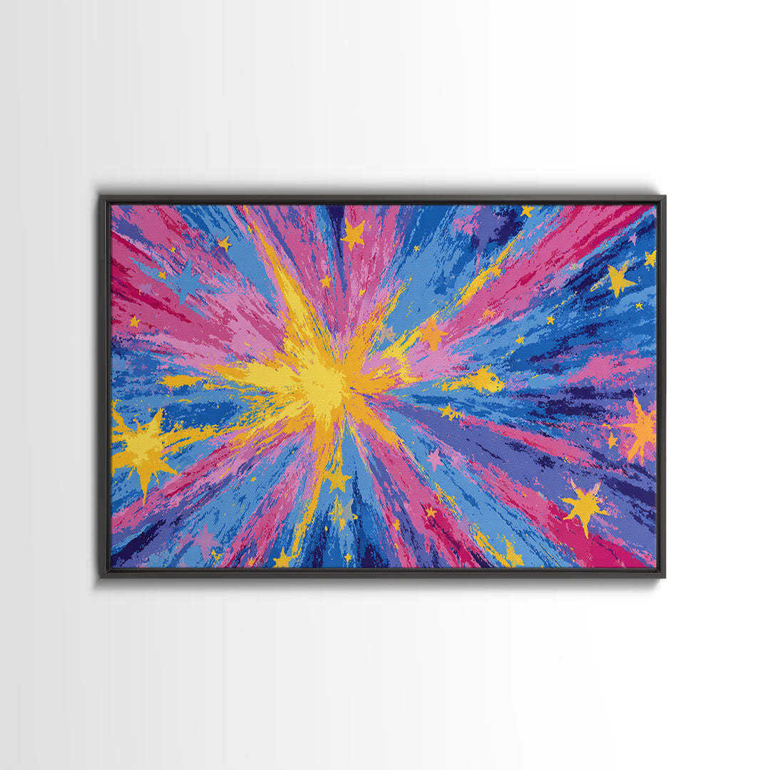 Pink Blue Yellow Star Explosion Canvas Print, Colorful Modern Wall Art, Retro Abstract Poster, Bright Kids Room Nursery Decor