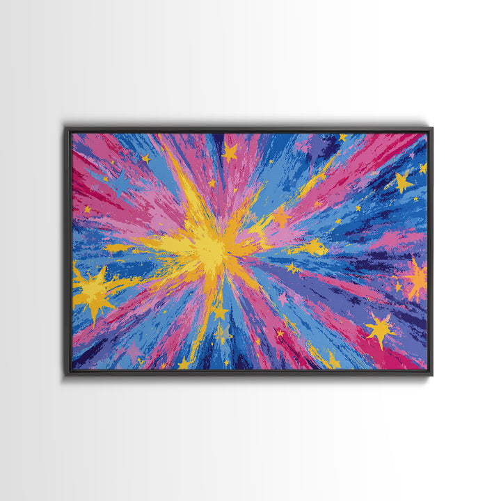 Pink Blue Yellow Star Explosion Canvas Print, Colorful Modern Wall Art, Retro Abstract Poster, Bright Kids Room Nursery Decor
