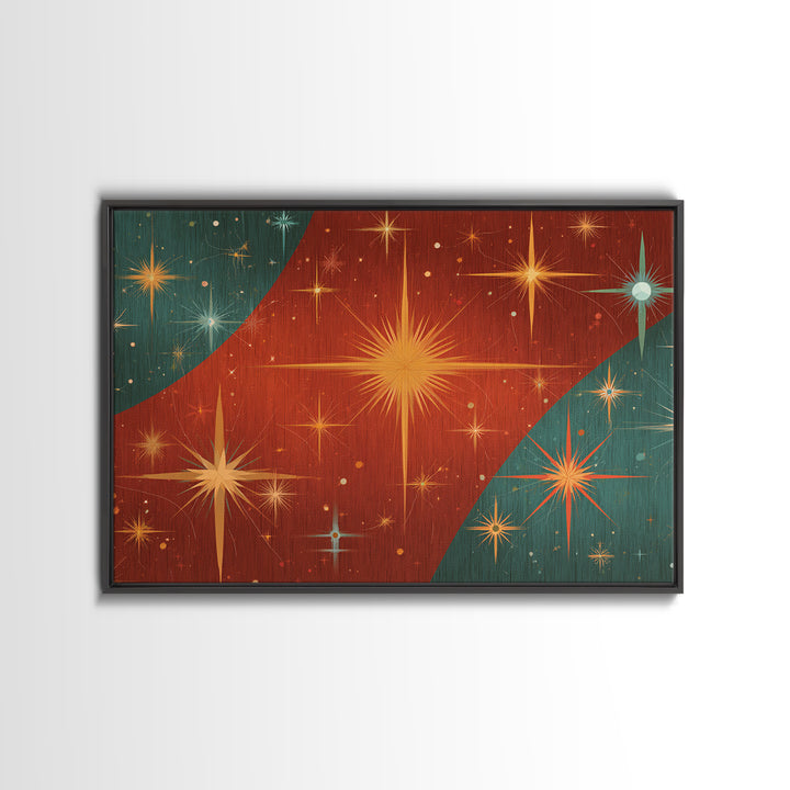 Red Teal Atomic Starburst Wall Art, Midcentury Modern Art Print, Retro Space Abstract, Warm MCM Living Room Statement Home Decor