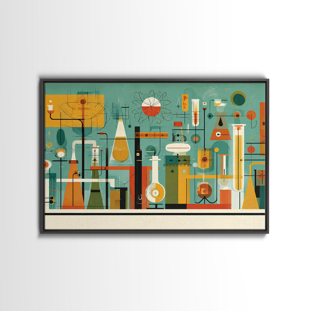 Retro Chemistry Lab With Beakers Wall Art, Midcentury Modern Science Print, Atomic Decor, Teal Orange Laboratory Artwork