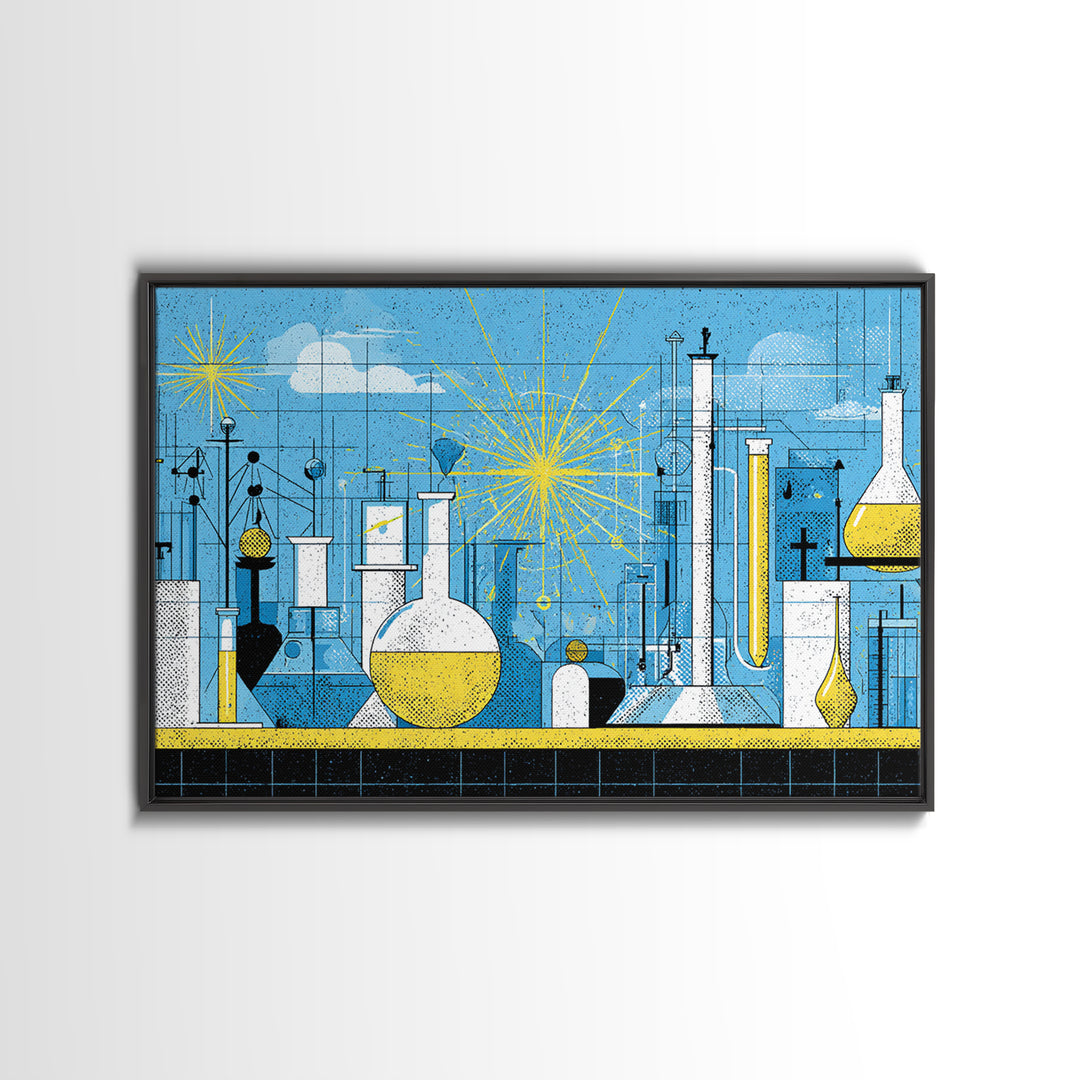 Blue Atomic Science Lab Canvas Print, Midcentury Modern Art, Yellow Sunburst Chemistry Decor, Retro Laboratory Wall Decor