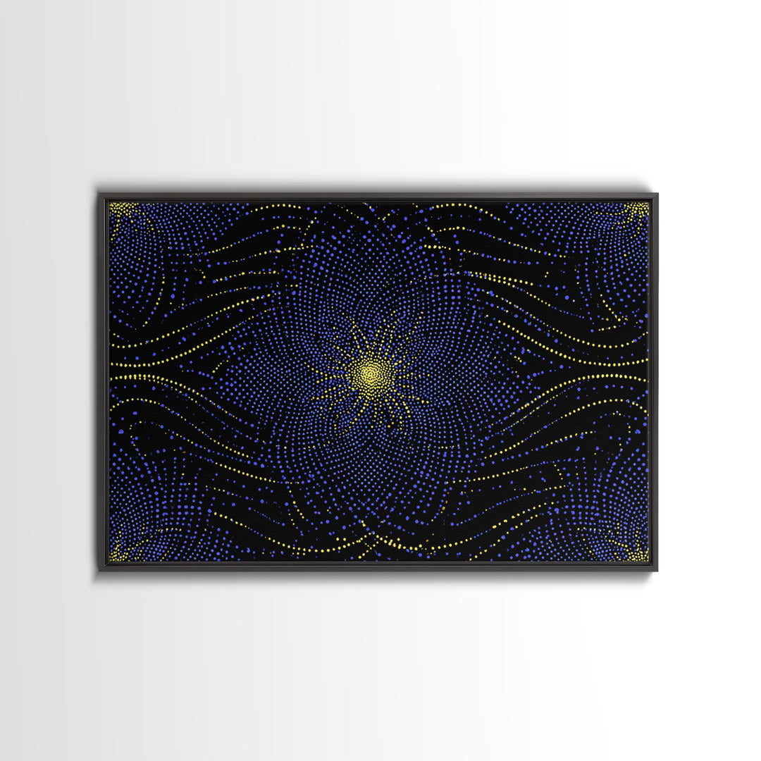 Blue Yellow Dotted Wave Canvas Print, Midcentury Modern Abstract Art, Optical Op Art Starburst, Cosmic Geometric Wall Decor
