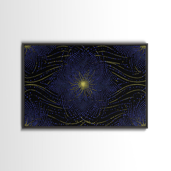 Blue Yellow Dotted Wave Canvas Print, Midcentury Modern Abstract Art, Optical Op Art Starburst, Cosmic Geometric Wall Decor