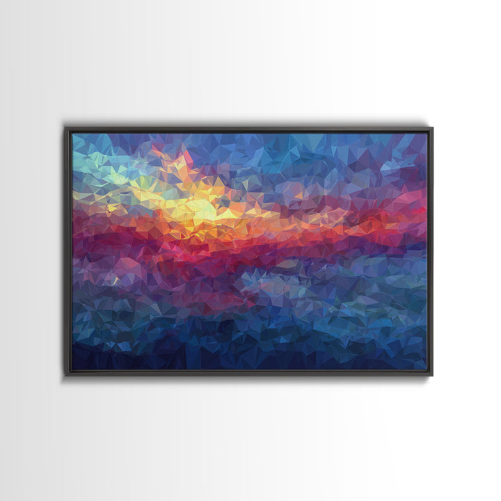 Low Poly Sunset Mountain Lake Wall Art, Colorful Geometric Art Print, Modern Home Decor, Living Room Framed Canvas Print