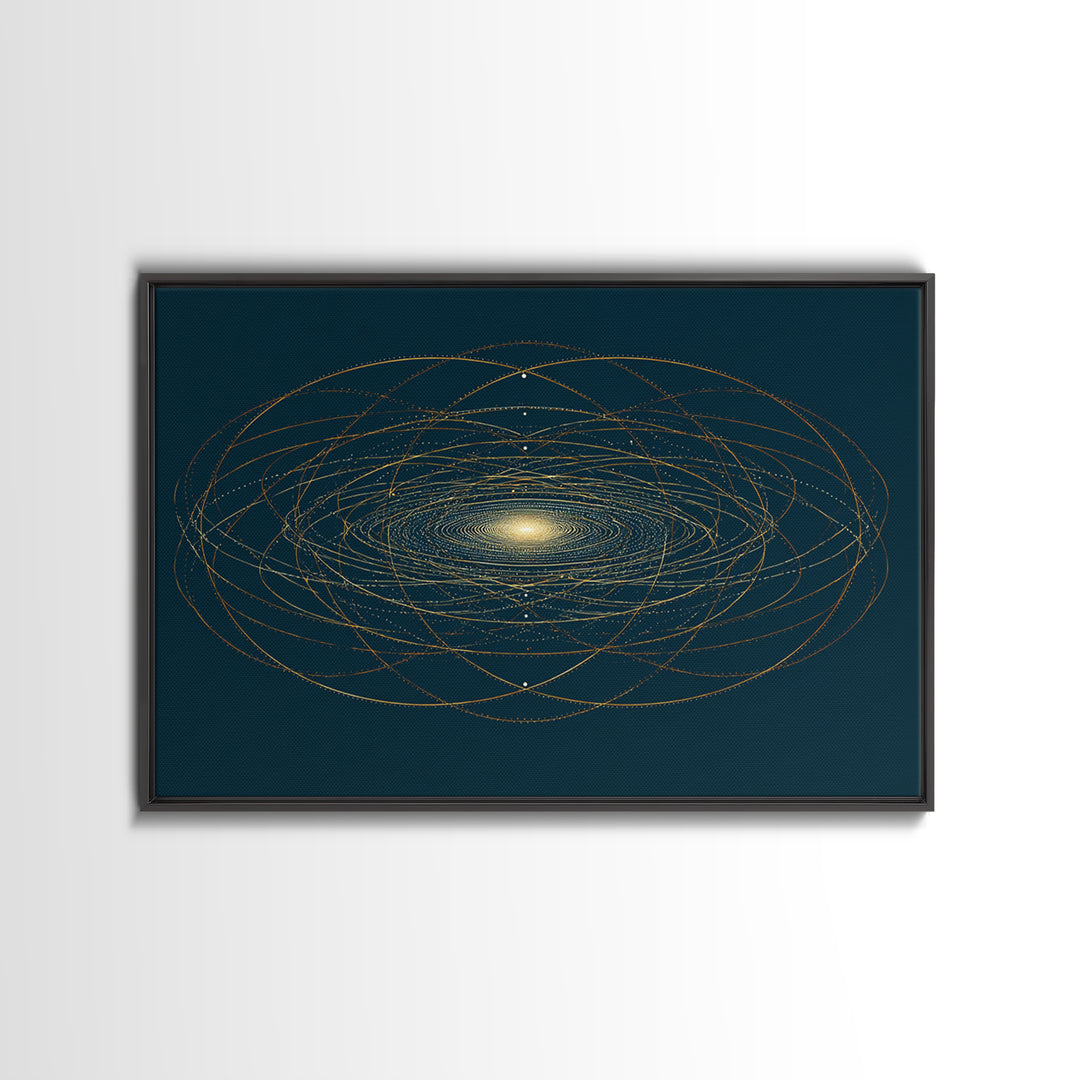 Golden Orbital Galaxy Mandala Framed Canvas Print, Midcentury Modern Abstract Art, Dark Teal Cosmic Geometric Wall Decor