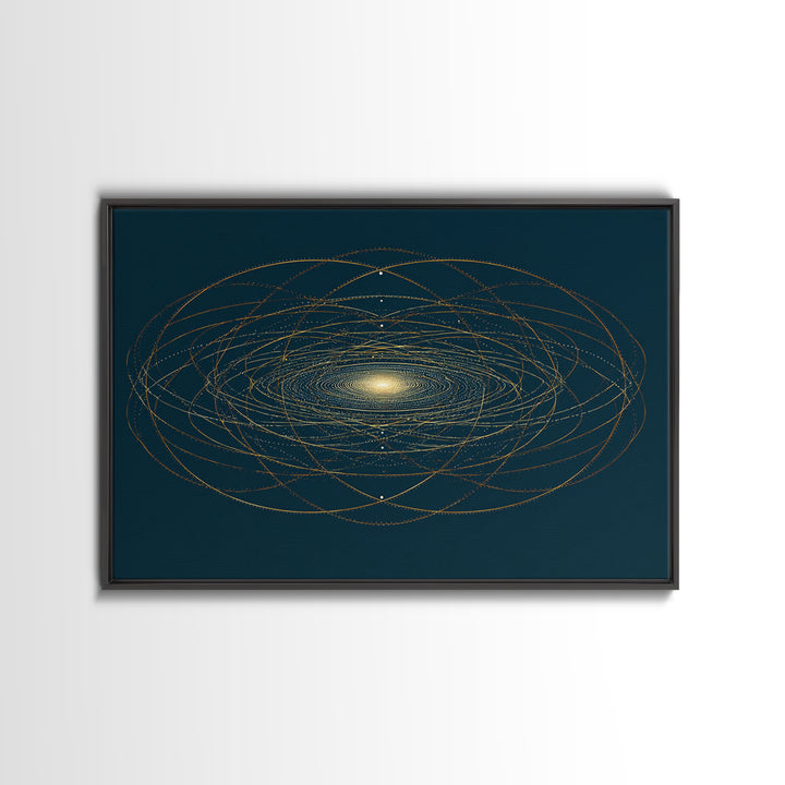 Golden Orbital Galaxy Mandala Framed Canvas Print, Midcentury Modern Abstract Art, Dark Teal Cosmic Geometric Wall Decor
