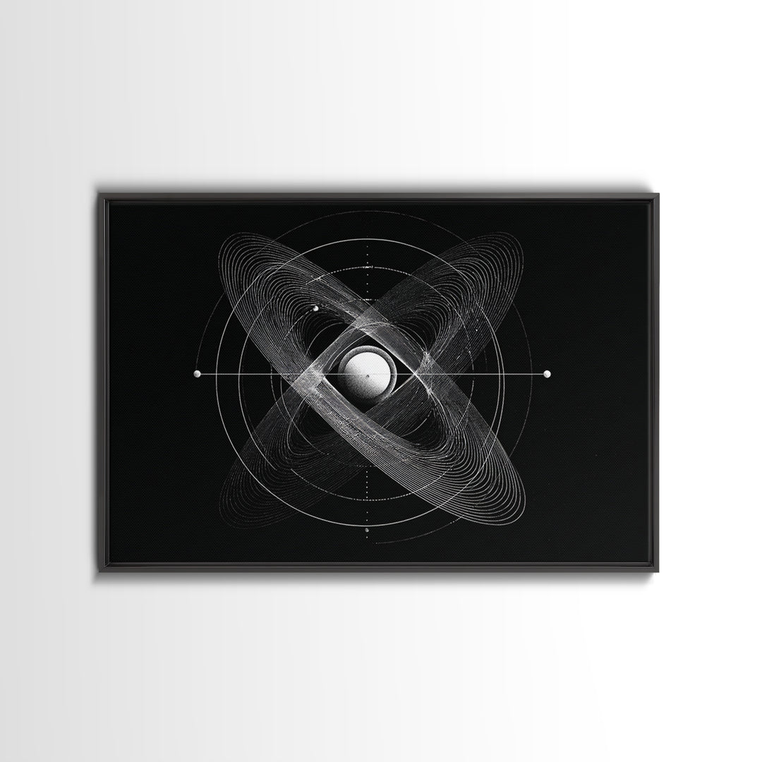 Atomic Sphere Orbit Canvas Print, Black And White Space Art, Geometric Wall Art, Modern Abstract Poster, Science Office Decor