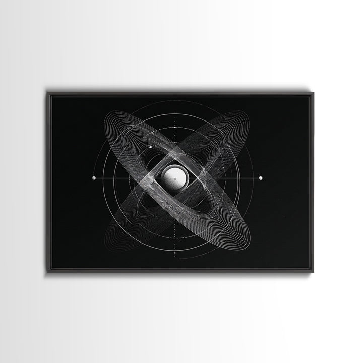 Atomic Sphere Orbit Canvas Print, Black And White Space Art, Geometric Wall Art, Modern Abstract Poster, Science Office Decor