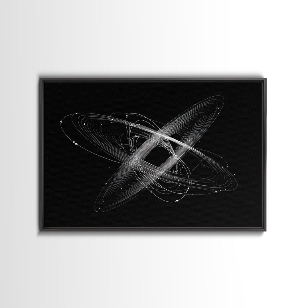 Tilted White Orbital Atom Wall Art, Minimalist Space Abstract Art Print, Modern Geometric Poster, Black Sci Fi Office Decor