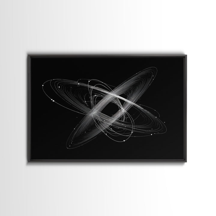 Tilted White Orbital Atom Wall Art, Minimalist Space Abstract Art Print, Modern Geometric Poster, Black Sci Fi Office Decor