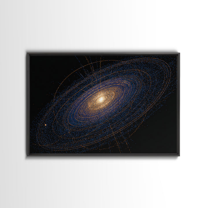 Blue Orange Spiral Galaxy Framed Canvas Print, Cosmic Space Abstract Art, Modern Wall Art, Digital Science Poster, Office Decor