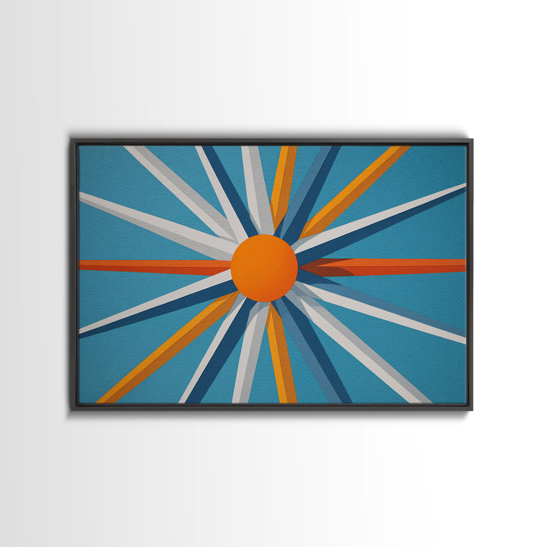 Orange Sunburst Geometric Wall Art, Midcentury Modern Art Print, Blue Teal Atomic Poster, Retro Modern Living Room Decor