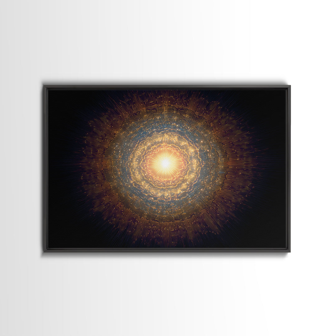 Golden Cosmic Mandala Framed Canvas Print, Abstract Spiritual Art, Modern Wall Art, Radiant Space Poster, Meditation Decor