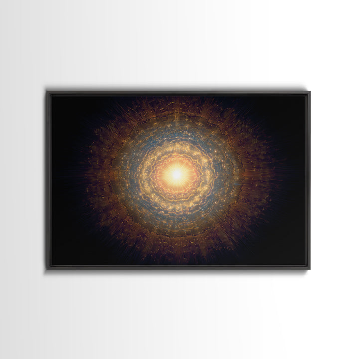 Golden Cosmic Mandala Framed Canvas Print, Abstract Spiritual Art, Modern Wall Art, Radiant Space Poster, Meditation Decor