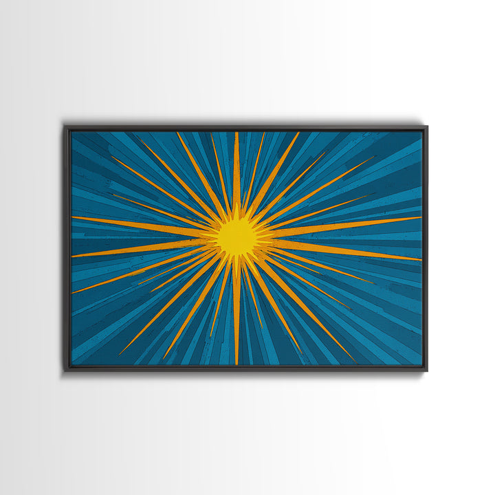 Blue Yellow Pop Art Sunburst Wall Art, Midcentury Modern Decor, Retro Geometric Print, Atomic MCM Living Room Decor Gift