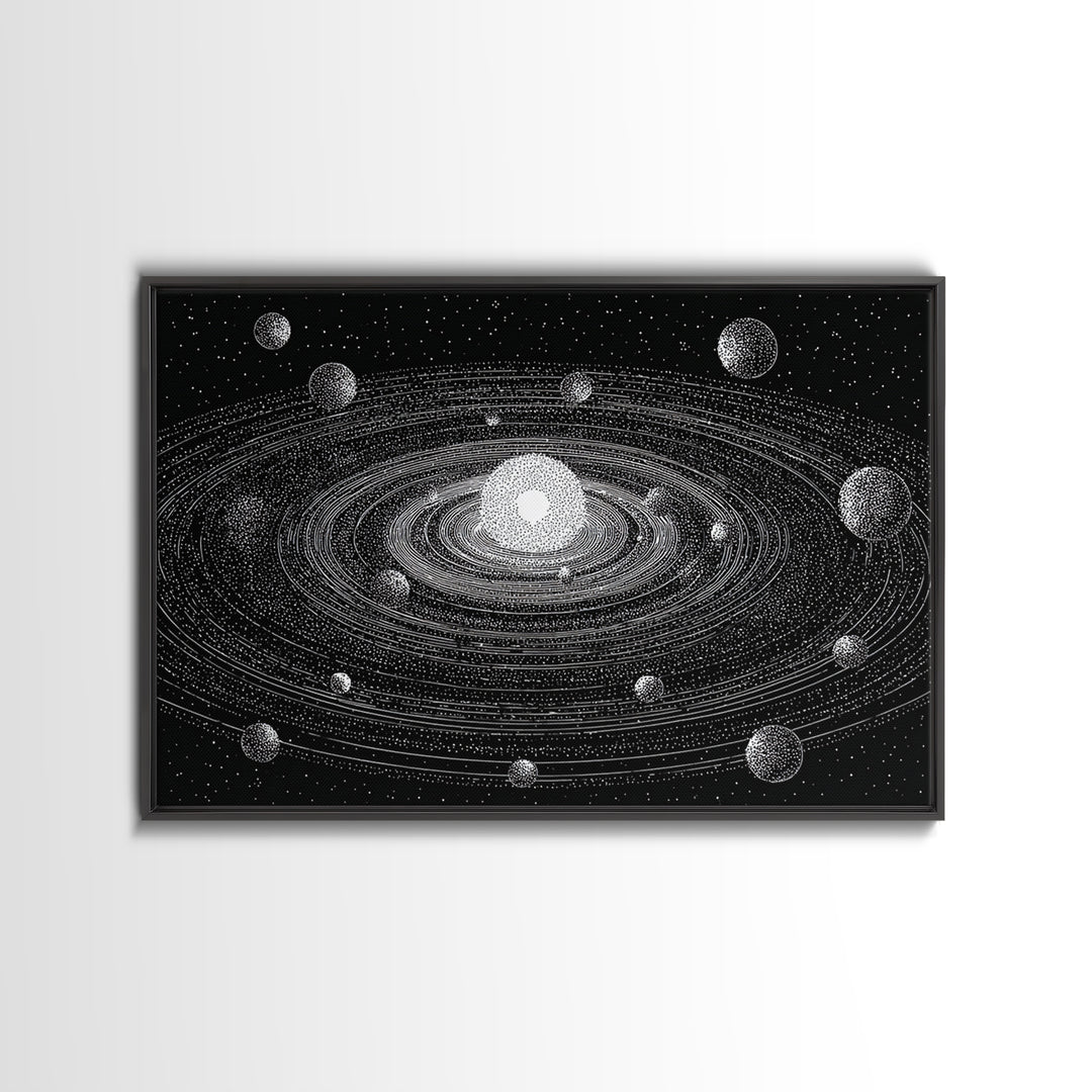 Black White Solar System Framed Canvas Print, Retro Sci Fi Wall Art, Midcentury Space Poster, Astronomy Office Decor Gift