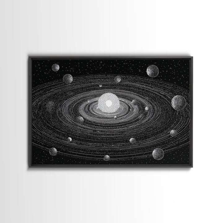 Black White Solar System Framed Canvas Print, Retro Sci Fi Wall Art, Midcentury Space Poster, Astronomy Office Decor Gift