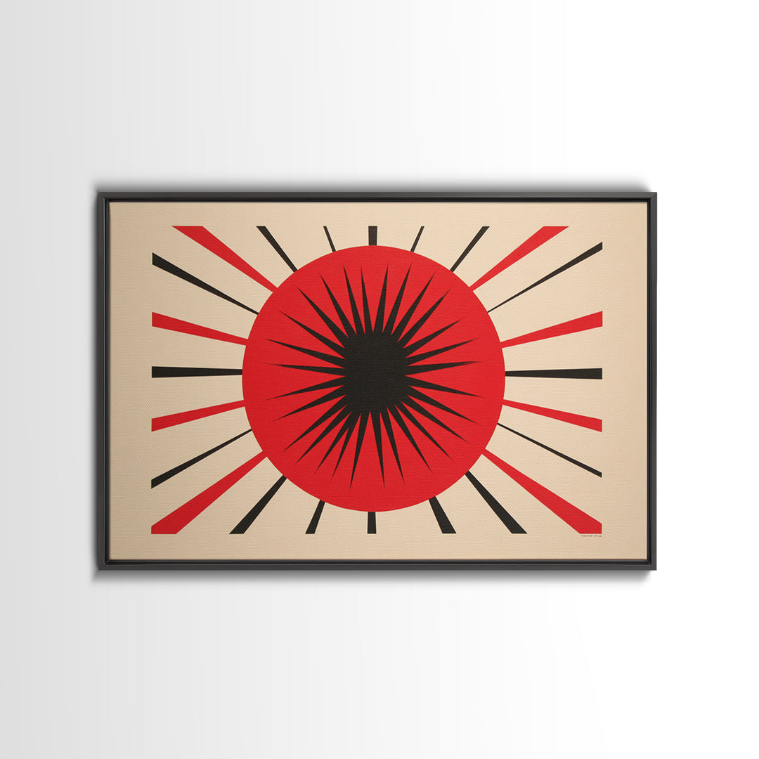 Red Black Atomic Sun Wall Art, Midcentury Modern Decor, Retro Geometric Print, Starburst MCM Office Decor Canvas Print Gift