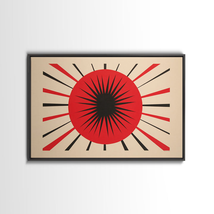 Red Black Atomic Sun Wall Art, Midcentury Modern Decor, Retro Geometric Print, Starburst MCM Office Decor Canvas Print Gift